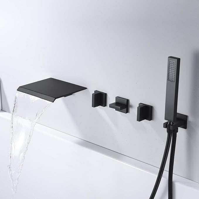 Wall Mount Waterfall Tub Filler Faucet with Hand Shower High Flow Matte Black Bathtub Faucet,SUMERAIN