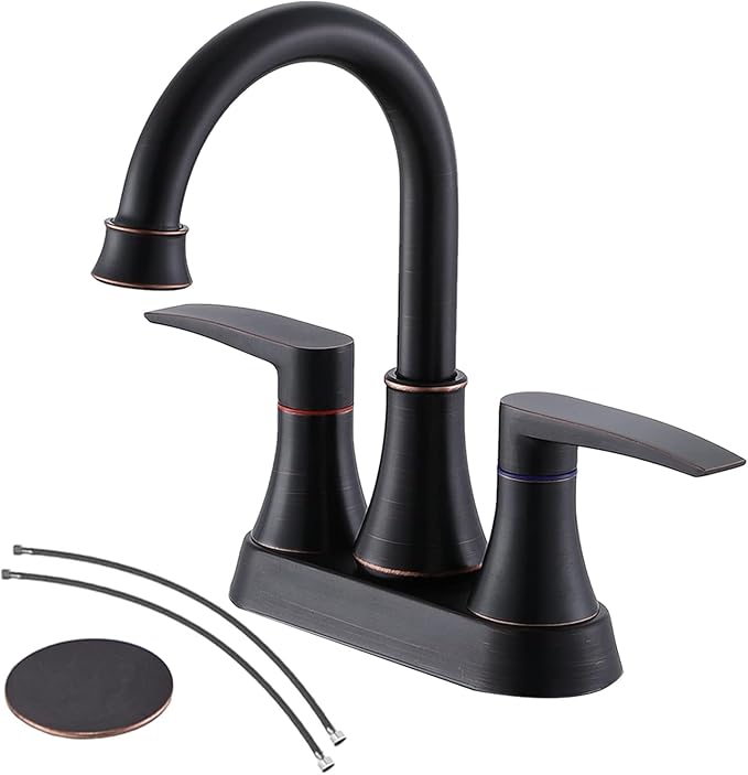 Lead-Free 2-Handle Oil Rubbed Bronze Bathroom Sink Faucet, 360° Swivel High-Arc Spout 4 Inch Centerset Bath Lavatory Vanity Faucets Set for Bathroom Sinks with Drain & Water Hoses, VABM80008H