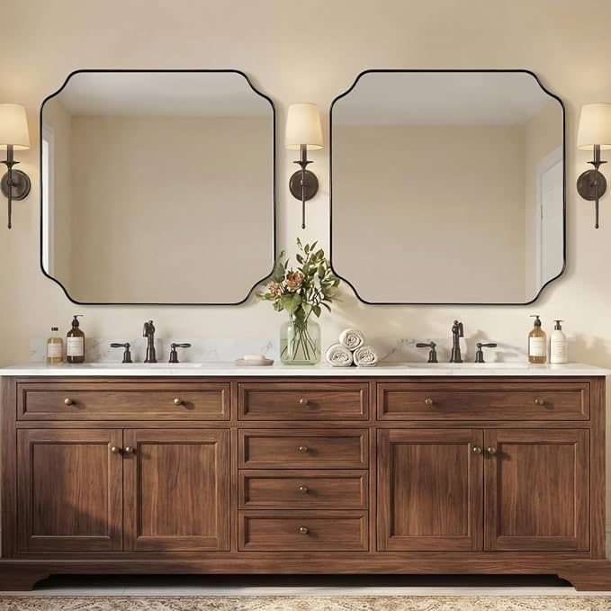 30x30 Inch Square Mirror, Matte Black Vanity Mirror, Modern Scalloped Bathroom Mirror in Premium Stainless Steel Metal Thin Frame, Unique Rounded Notched Corners