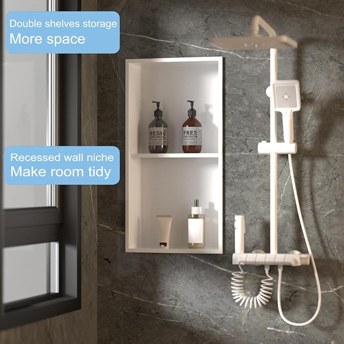 24 x 12 in Recessed Shower Niche with Double Shelves, Matte White Stainless Steel Wall Insert, No Tile Needed, Leakproof Built-in Storage for Bathroom, Kitchen