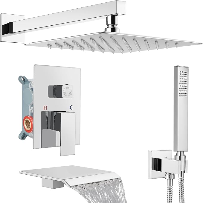 Midanya Shower System with Tub Spout,12 Inch Shower Head,Polish Chrome | with Valve & Trim Kit,Square Rain Head,Handheld Sprayer,Waterfall Spout,All Metal Wall Mount Bathroom Shower Tub Faucet Set