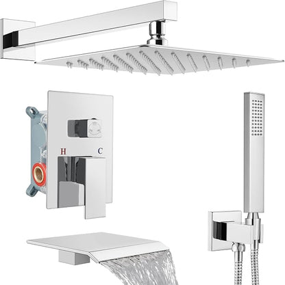 Midanya Shower System with Tub Spout,12 Inch Shower Head,Polish Chrome | with Valve & Trim Kit,Square Rain Head,Handheld Sprayer,Waterfall Spout,All Metal Wall Mount Bathroom Shower Tub Faucet Set