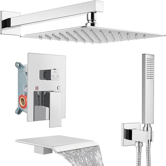 Midanya Shower System with Tub Spout,12 Inch Shower Head,Polish Chrome | with Valve & Trim Kit,Square Rain Head,Handheld Sprayer,Waterfall Spout,All Metal Wall Mount Bathroom Shower Tub Faucet Set