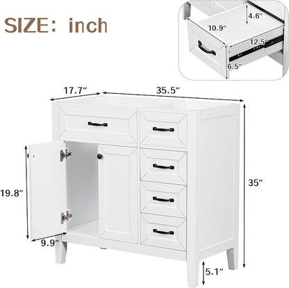 36 Inch Bathroom Vanity Without Sink, Base Only, Storage Cabinet with Doors and Drawers, White
