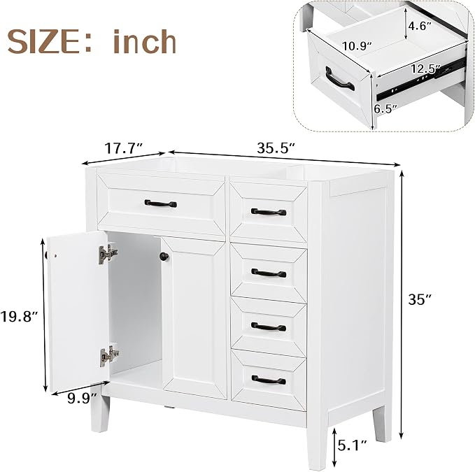 36 Inch Bathroom Vanities with Undermount Ceramic Sink, Storage Cabinet with Soft Closing Doors and Three Drawers, Solid Wood Frame, White