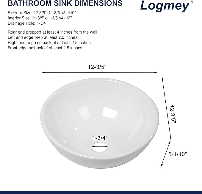 Logmey 13" Round Vessel Sink Small Bathroom Sink Modern White Vessel Sink for Bathroom RV Above Counter Porcelain Ceramic 13x13 inch Art Sink