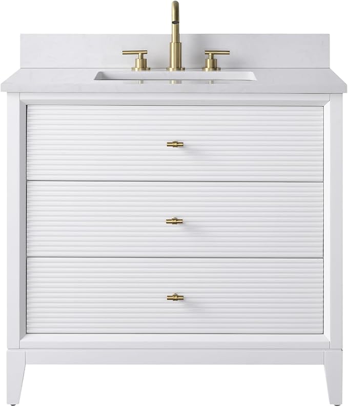 Vanity Art 36" Bathroom Vanity with Single Sink & Arabescato White Engineered Stone Top, Vanity Cabinet with Soft Closing Door, Solid Wood Frame, Golden Brushed Handles, White VA8136-W-GB