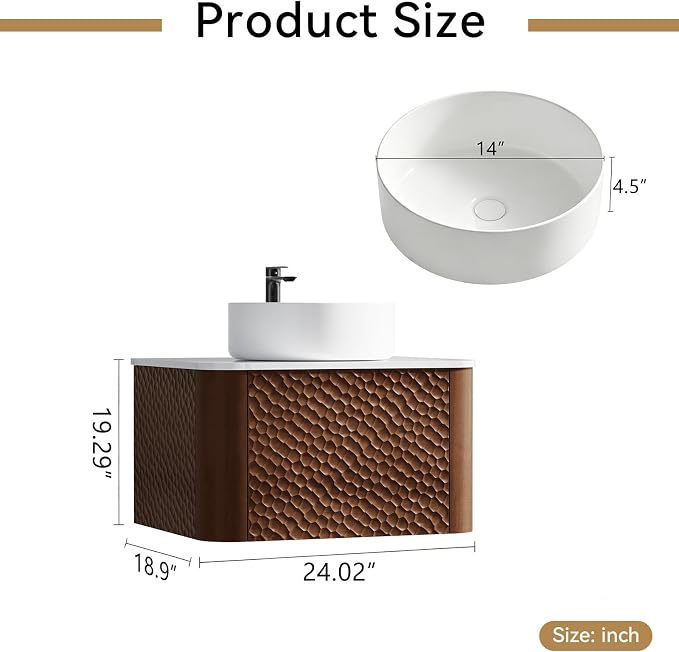 24 Inch Modern Bathroom Vanity with Ceramic Sink, Floating Bathroom Vanity Cabinet with Sintered Stone Top&Solid Wood Hammered Frame, Single Sink Bathroom Vanities w/Soft-Close Drawers,Walnut
