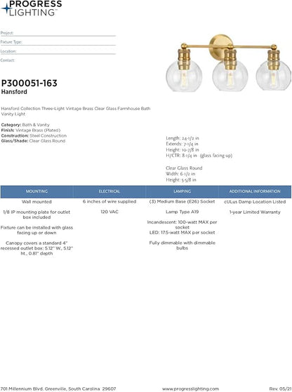 Hansford Collection 3-Light Clear Glass Farmhouse Bath Vanity Light Vintage Brass