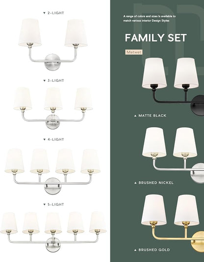 4-Light Brushed Nickel Bathroom Vanity Light, White Fabric Shades | Ideal for 32-42" mirrors, 28" bathroom light fixtures over mirror, upward only, E26 base, bulbs not included, VL837-BN-4