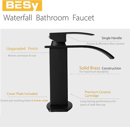BESy Black Waterfall Bathroom Faucet, Single Hole 1 Hole 3 Holes Single Handle Bathroom Sink Faucet, Vanity Faucet with 6 Inch Deck Plate, cUPC Waterlines, Matte Black with Pop Up Drain