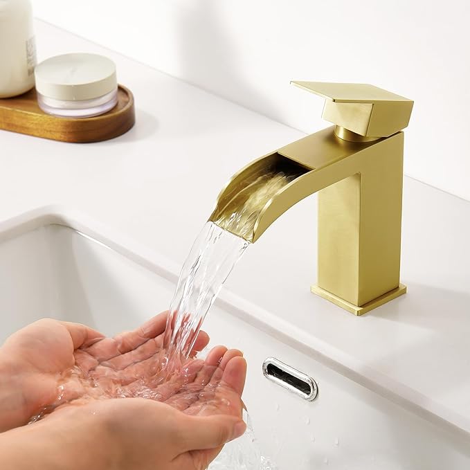 Faustina Brushed Gold Waterfall Bathroom Faucet, Single Handle Wide Spout Stainless Steel Gold Vanity Sink Faucet with Pop Up Drain & Deck Plate for 1 or 3 Hole