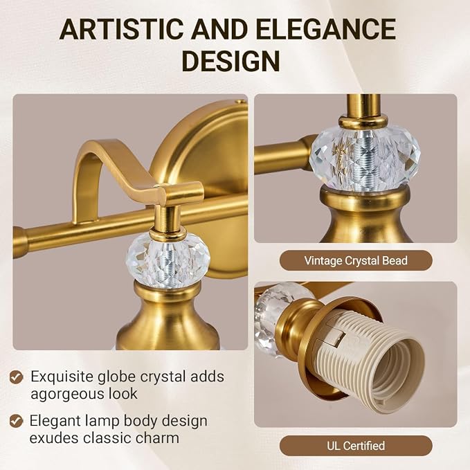 Gold Vanity Light, 2-Light Brushed Gold Bathroom Light Fixtures, Vintage Bathroom Light with Milky White Bell Glass Shades, Eye-Friendly Wall Sconce for Mirror, Kitchen, Bedroom, Hallway