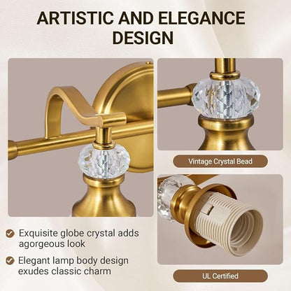 Gold Vanity Light, 2-Light Brushed Gold Bathroom Light Fixtures, Vintage Bathroom Light with Milky White Bell Glass Shades, Eye-Friendly Wall Sconce for Mirror, Kitchen, Bedroom, Hallway