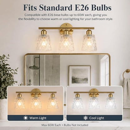 Brushed Gold Bathroom Vanity Light Over Mirror, 3-Light Stainless Steel Bathroom Fixture with Textured Glass Shades, Modern Wall Mount Vanity Lighting, E26 Sockets (Bulbs Not Included)