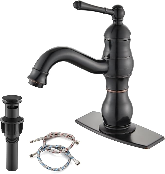 gotonovo Bathroom Faucet 1 Hole Vintage,Oil Rubbed Bronze,5.9” Spout Reach | Bathroom Sink Faucet for 1 or 3 Hole Single Handle,Deck Plate,360° Swivel Spout,Pop Up Drain,cUPC Supply Hoses,for Vanity RV
