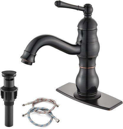 gotonovo Bathroom Faucet 1 Hole Vintage,Oil Rubbed Bronze,5.9” Spout Reach | Bathroom Sink Faucet for 1 or 3 Hole Single Handle,Deck Plate,360° Swivel Spout,Pop Up Drain,cUPC Supply Hoses,for Vanity RV
