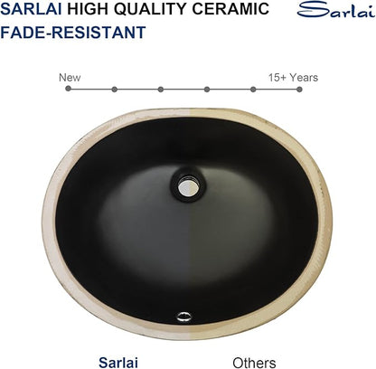 Sarlai Black Undermount Bathroom Sink - 19 x16 inch Oval Vessel Sink Under counter Lavatory Black Ceramic Vanity Sink with Overflow, Modern Art Basin, Interior Size 17-2/5" x 14-1/9"