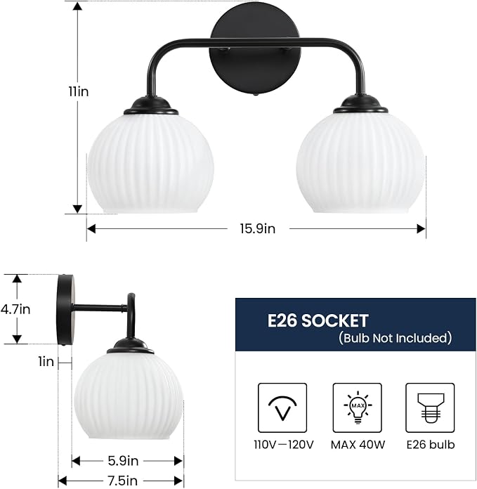 RUIYEY Bathroom Vanity Light Fixtures: 2-Light Black Bathroom Lighting Fixtures Over Mirror with Milky White Frosted Glass Shade, Farmhouse Modern Wall Light for Bathroom