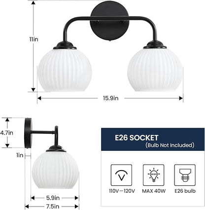 RUIYEY Bathroom Vanity Light Fixtures: 2-Light Black Bathroom Lighting Fixtures Over Mirror with Milky White Frosted Glass Shade, Farmhouse Modern Wall Light for Bathroom
