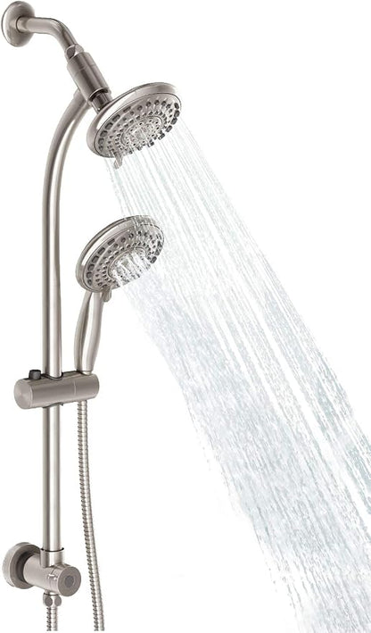 Handheld Showerhead & Rain Shower Combo for Easy Reach, 27.5" Drill-free Stainless Steel Slide Bar, 5”of 5-setting Handheld Shower and Showerhead, with 5ft Hose -Brush Nickel