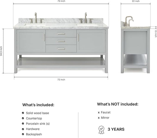 ARIEL Bayhill 72-inch Bathroom Vanity with Sink,Solid Wood, 1.5-inch Italian Carrara Marble Countertop, Double Rectangular Porcelain Sink, 2 Soft Closing Doors, 3 Dovetail Drawers, Grey