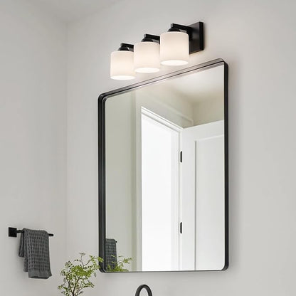 mirrea 3-Light Black Bathroom Vanity Light with White Glass Shades | Over Mirror,Wall Sconce,ETL listed,Bathroom Lighting Fixtures,Elegant Design,Milk White Glass Shade,Easy Installation