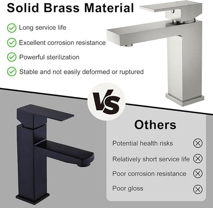 Brushed Nickel Bathroom Faucet for 1 Hole, CEC & cUPC Certified Lead-Free Solid Brass Vanity Faucet for Bathroom Sink with Pop Up Drain Stopper & Water Supply Hoses