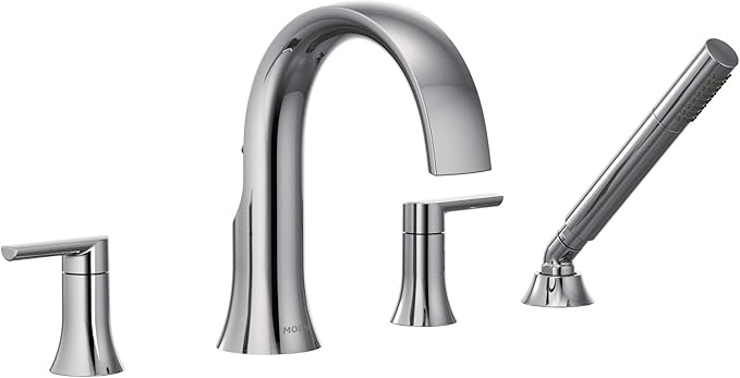 Moen TS983 Doux Two-Handle High Arc Deck-Mount Roman Tub Faucet Trim with Handshower, Valve Required, Chrome