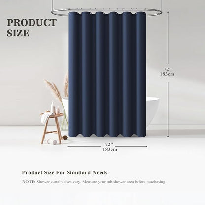 Navy Blue Linen Textured Waterproof Fabric Shower Curtain Set, 72x72 | 230GSM Polyester, Heavy Duty Cloth, Weighted Hem, 12 Plastic Hooks, Modern Hotel Style, Machine Washable, Bathroom Decor