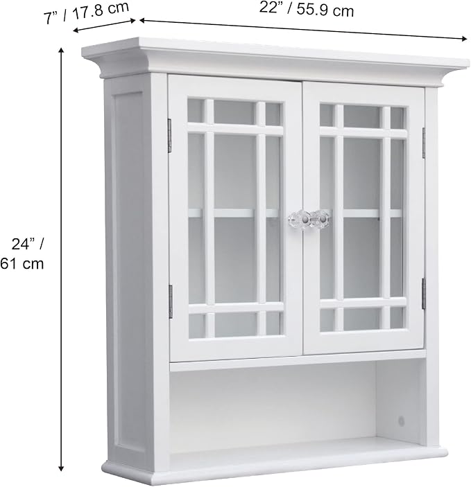 Teamson Home Neal Wooden Over The Toilet Bathroom Removable Wall Medicine Cabinet with 1 Fixed and 1 Adjustable Shelf 3 Storage Spaces 2 Glass Mosaic Doors and Crystal-Cut Acrylic Knobs, White | Detachable Over the Toilet Storage, Two Doors, Adjustable...