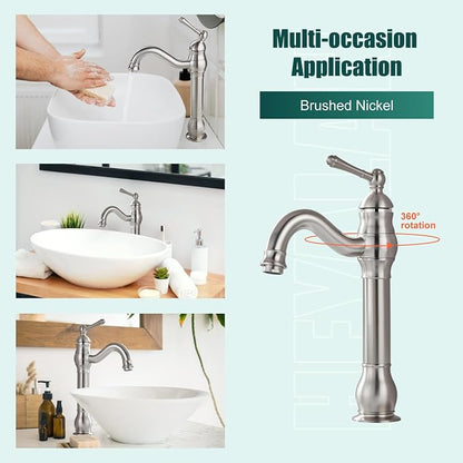 Heyalan Tall Vessel Sink Faucet, Single Handle 1-Hole,Brushed Nickel | SUS304 stainless steel, 360° swivel spout, includes pop-up drain & hoses, deck mount 1-hole, tall design for vessel sink
