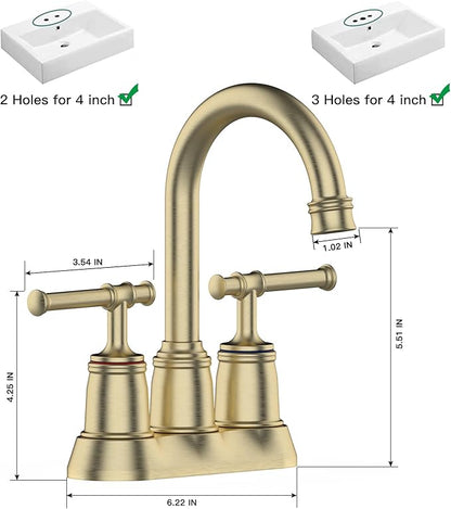Classical Bathroom Faucets for Sink 2&3 Holes, 4 inch Bathroom Faucet, 360 Swivel Spout Centerset Brushed Gold Bathroom Faucet with Pop Up Drain and cUPC Lead-Free Hose (Brushed Gold)