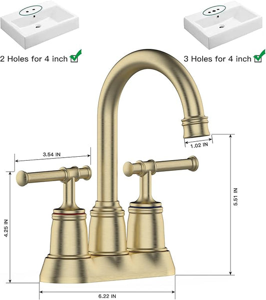 Classical Bathroom Faucets for Sink 2&3 Holes, 4 inch Bathroom Faucet, 360 Swivel Spout Centerset Brushed Gold Bathroom Faucet with Pop Up Drain and cUPC Lead-Free Hose (Brushed Gold)