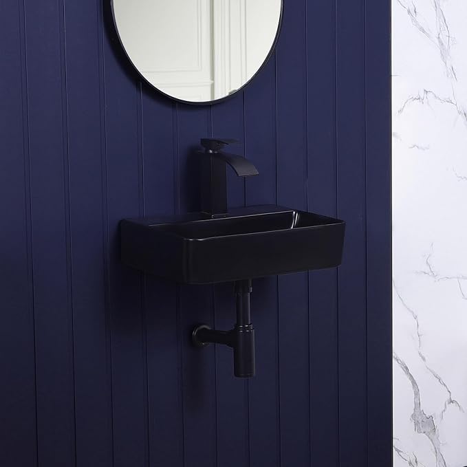 Wall Mount Bathroom Vessel Sink Matte Black 17.7"x11" Rectangular Floating Porcelain Ceramic Black Wall Hung Vanity Basin Sink for Home,RV,Bathroom