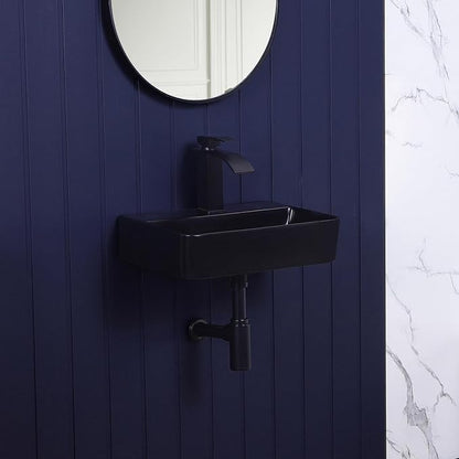 Wall Mount Bathroom Vessel Sink Matte Black 17.7"x11" Rectangular Floating Porcelain Ceramic Black Wall Hung Vanity Basin Sink for Home,RV,Bathroom