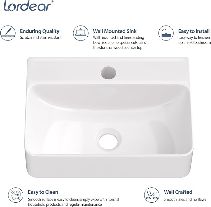Lordear 14.5x10 Inch Small Wall Mounted Vessel Sink Floating Corner Bathroom Sink Wall hung Pure Glossy White Ceramic Wash Basin Sink 14.5x10x4.2 Inch for Tiny Room