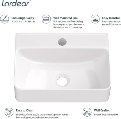 Lordear 14.5x10 Inch Small Wall Mounted Vessel Sink Floating Corner Bathroom Sink Wall hung Pure Glossy White Ceramic Wash Basin Sink 14.5x10x4.2 Inch for Tiny Room