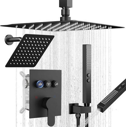 Shower Faucet Sets Shower System, 2 Head Shower System Rain Showerhead for Two People, Ceiling Mount Shower Fixtures with On Off Button Valve Body and Trim Kit Complete, 10+6" Matte Black