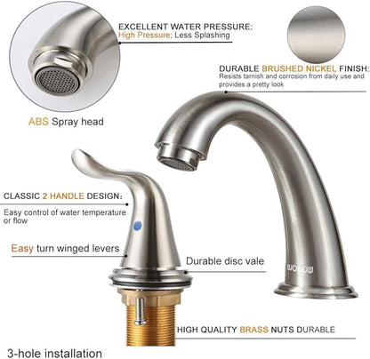 WOWOW Widespread Bathroom Faucet 2 Handle 3 Hole Solid Brass Stainless Steel Vanity Lavatory Bathroom Basin Brushed Nickel Sink Faucets with Pop Up Drain Stopper