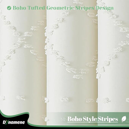 Extra Long Boho Shower Curtain Tufted Geometric 72"x96" Cream | 96 Inch Tall, Elegant Tassel, Lightweight Textured Fabric, Water Repellent, Washable, Hotel Spa, for Bathroom/Dorm 12 Hooks