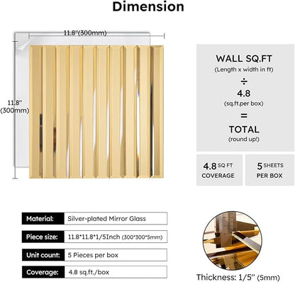 Peel and Stick Mirror Backsplash Tile, Gold, 11.8 x 11.8 Inch, Beveled Mirror Strip Tile for Kitchen Bathroom Bar Accent Wall, Pack of 5 Sheets