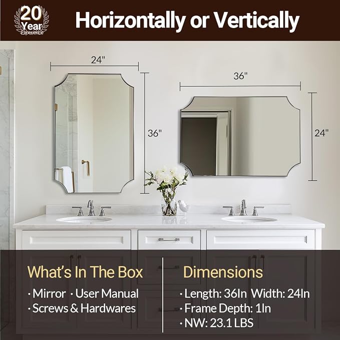 Brushed Nickel Mirror 24x36 Inch, Scalloped Bathroom Mirror, Silver Vanity Mirror in Anti-Rust Stainless Steel Metal Thin Frame Deep 1’’, Wall-Mounted Mirror (Horizontal/Vertical)