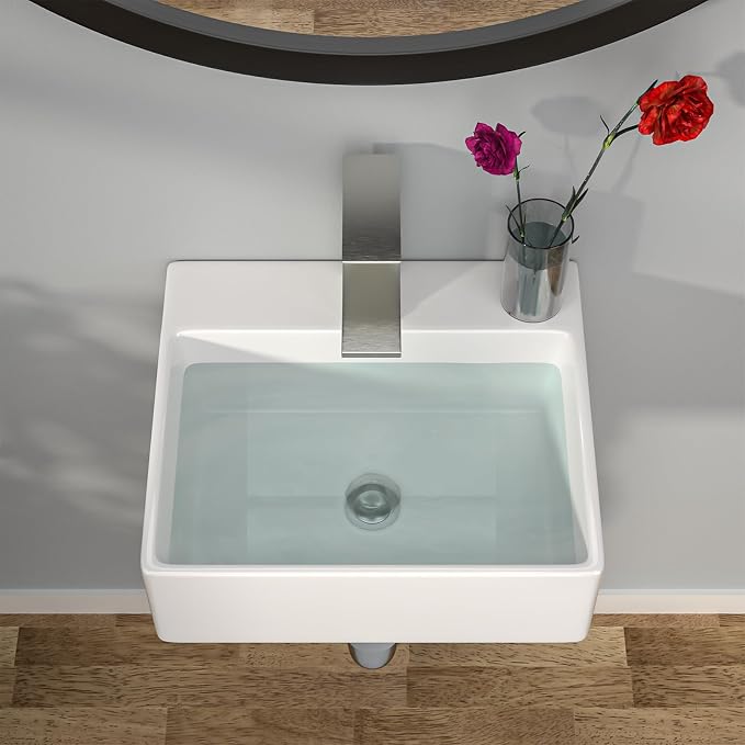 Wall Mount Hung Small Vessel Sink - Bathroom Corner Floating Sink Rectangle 13" x 11" Modern Bathroom White Porcelain Ceramic Vessel Vanity Sink with Faucet Hole