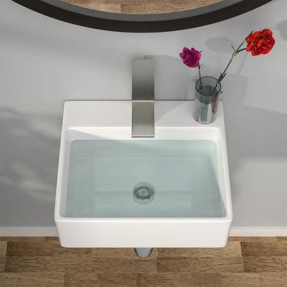 Wall Mount Hung Small Vessel Sink - Bathroom Corner Floating Sink Rectangle 13" x 11" Modern Bathroom White Porcelain Ceramic Vessel Vanity Sink with Faucet Hole