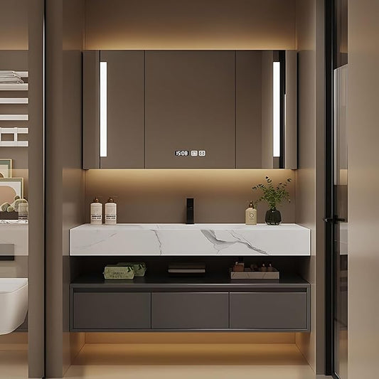 Bathroom Vanity with Sink - Single/Double Sink Bathroom Vanity Cabinet & LED Smart Defogger Mirror Cabinet Set, Modern Floating Vanity, Wall-Mounted Installation (32",Single Sink)