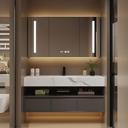 Bathroom Vanity with Sink - Single/Double Sink Bathroom Vanity Cabinet & LED Smart Defogger Mirror Cabinet Set, Modern Floating Vanity, Wall-Mounted Installation (Single Sink, 36")