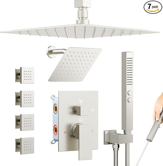 Shower System with Body Jets, Bostingner Four Modes Shower Faucet Sets with Handheld Spray 2 Ways, 4Pcs Shower Body Jets in Wall,10"+6" Rain Shower Head,Brushed Nickel Shower Sets Complete