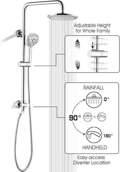 BRIGHT SHOWERS Rain Shower Heads System Including 9 Inch Rainfall Shower Head and Handheld Shower Head with Height Adjustable Holder, Solid Brass Rail and 60" Long Stainless Steel Shower Hose, Chrome