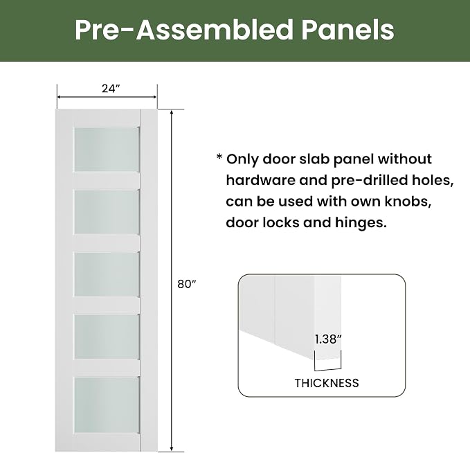 SMARTSTANDARD 24" x 80" Frosted Glass Pantry Door, Solid Core Slab Door | Pre-Assembled 5-Panel without Hardware, French Interior Door for Pantry Pocket, White Primed